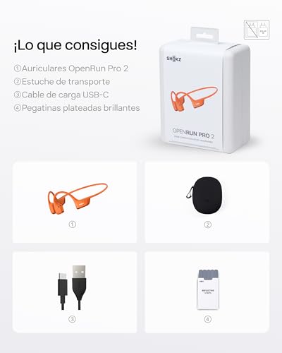 SHOKZ OpenRun Pro 2 Auriculares Deportivos de Conducción Ósea, Inalámbricos Bluetooth 5.3, Micrófonos con Cancelación de Ruido, Resistente al Agua IP55, 12h Reproducción, Carga Rápida USB-C, Naranja