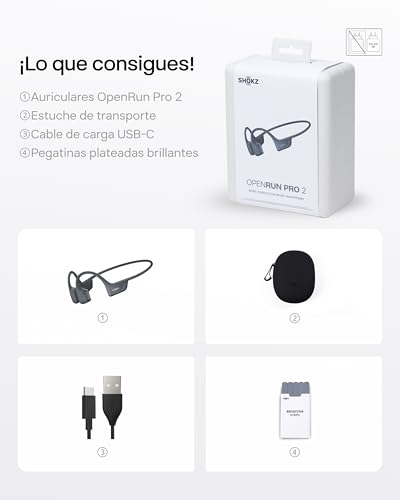 SHOKZ OpenRun Pro 2 Auriculares Deportivos de Conducción Ósea, Inalámbricos Bluetooth 5.3, Micrófonos con Cancelación de Ruido, Resistente al Agua IP55, 12h Reproducción, Carga Rápida USB-C, Negro