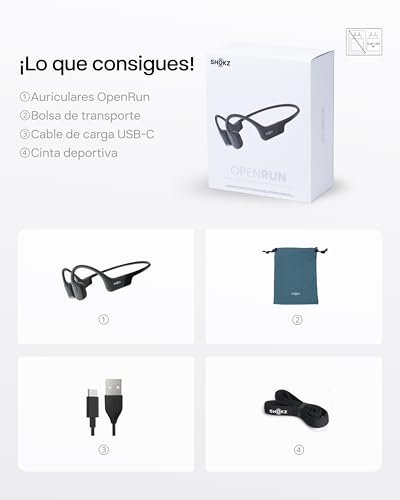 SHOKZ OpenRun Auriculares conducción ósea, Open-Ear Auriculares Deportivos inalámbricos con Bluetooth y micrófono, Auriculares de oído Abierto Resistentes al Agua IP67 para Correr, USB-C, Negro