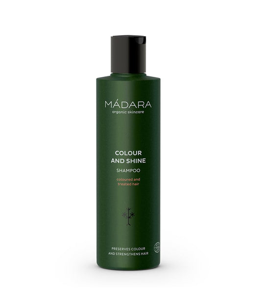 MÁDARA Organic Skincare | Champú Color And Shine - 250 ml, con Linaza del Norte, Castaño de Indias y Plantago, Preserva el color, Fortalecedor, Vegano, Certificado Ecocert, Envase reciclable.