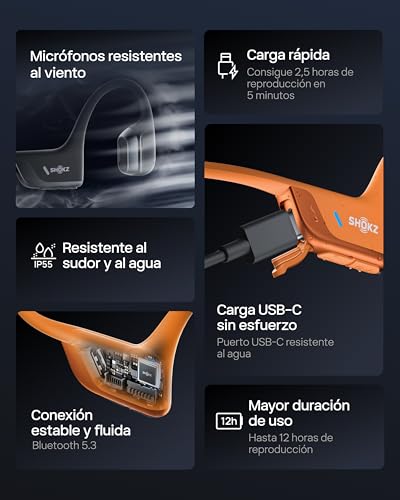 SHOKZ OpenRun Pro 2 Auriculares Deportivos de Conducción Ósea, Inalámbricos Bluetooth 5.3, Micrófonos con Cancelación de Ruido, Resistente al Agua IP55, 12h Reproducción, Carga Rápida USB-C, Naranja