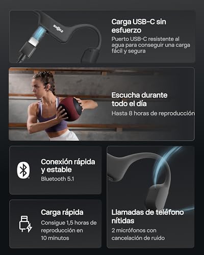 SHOKZ OpenRun Auriculares conducción ósea, Open-Ear Auriculares Deportivos inalámbricos con Bluetooth y micrófono, Auriculares de oído Abierto Resistentes al Agua IP67 para Correr, USB-C, Negro