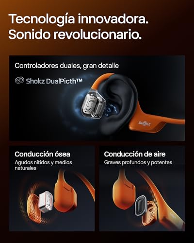 SHOKZ OpenRun Pro 2 Auriculares Deportivos de Conducción Ósea, Inalámbricos Bluetooth 5.3, Micrófonos con Cancelación de Ruido, Resistente al Agua IP55, 12h Reproducción, Carga Rápida USB-C, Naranja