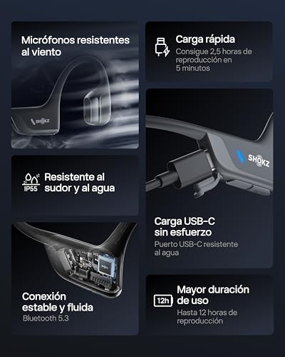 SHOKZ OpenRun Pro 2 Auriculares Deportivos de Conducción Ósea, Inalámbricos Bluetooth 5.3, Micrófonos con Cancelación de Ruido, Resistente al Agua IP55, 12h Reproducción, Carga Rápida USB-C, Negro