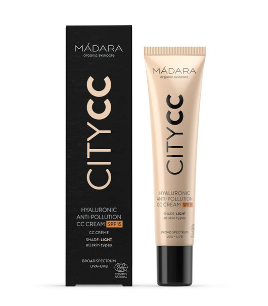 MÁDARA City CC Anti-Pollution CC Cream SPF15 LIGHT BEIGE, 40ml. Con ácido hialurónico y protector solar mineral UVA/UVB. Corrector de color natural ligero, certificado COSMOS Natural