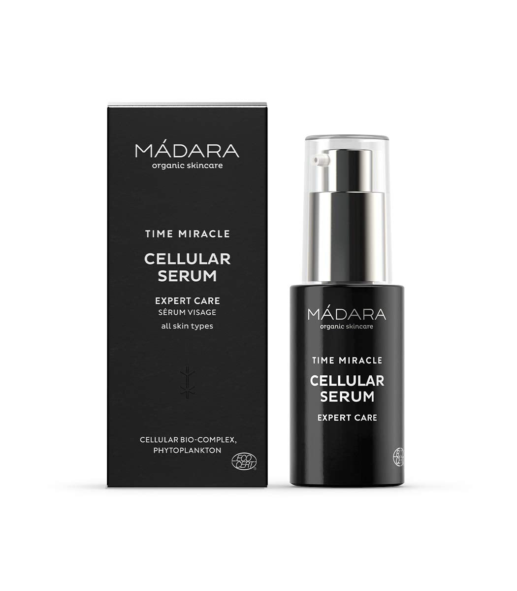 MÁDARA Time Miracle Cellular Serum, 30ml. Suero antienvejecimiento con antioxidantes vegetales, ácido hialurónico y savia de abedul. Para pieles maduras, certificado COSMOS Organic