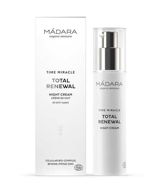 MÁDARA Organic Skincare | Crema de Noche Time Miracle Total Renewal - 50 ml, con ácido hialurónico multimolecular y zinc fisiológico equilibrante, a base de agua de abedul nórdico, vegana.