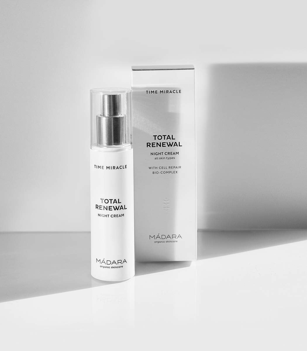 MÁDARA Organic Skincare | Crema de Noche Time Miracle Total Renewal - 50 ml, con ácido hialurónico multimolecular y zinc fisiológico equilibrante, a base de agua de abedul nórdico, vegana.