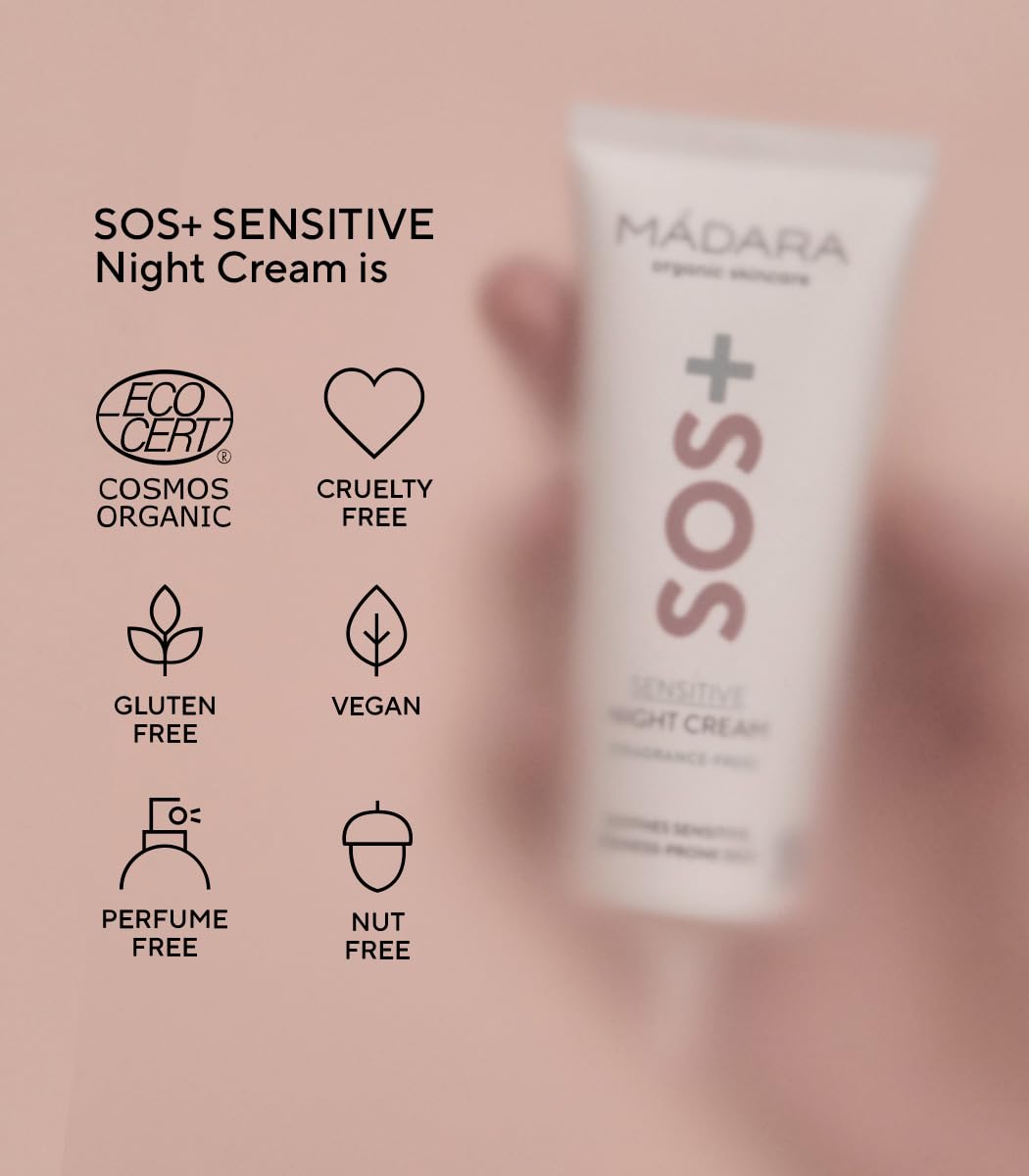 MÁDARA SOS+ SENSITIVE Crema de Noche, 70 ml – Hidratación calmante para pieles sensibles y propensas al enrojecimiento, dermatológicamente probada para calmar el enrojecimiento