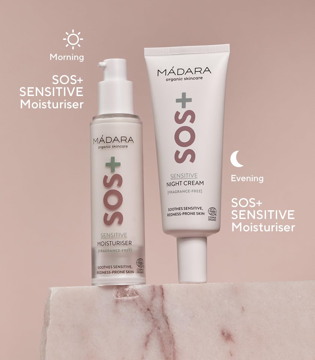 MÁDARA SOS+ SENSITIVE Crema de Noche, 70 ml – Hidratación calmante para pieles sensibles y propensas al enrojecimiento, dermatológicamente probada para calmar el enrojecimiento