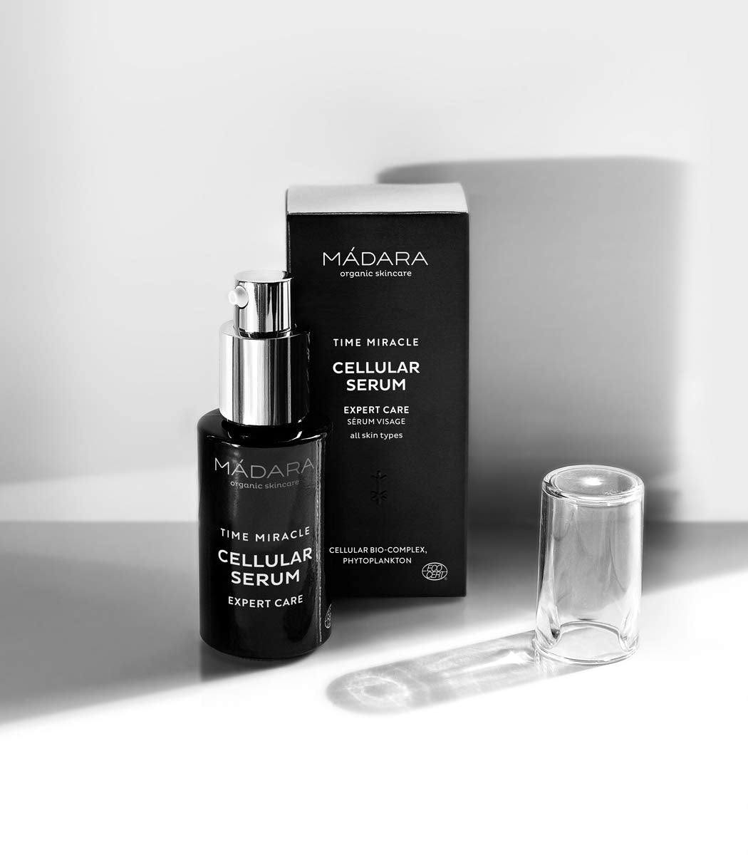 MÁDARA Time Miracle Cellular Serum, 30ml. Suero antienvejecimiento con antioxidantes vegetales, ácido hialurónico y savia de abedul. Para pieles maduras, certificado COSMOS Organic