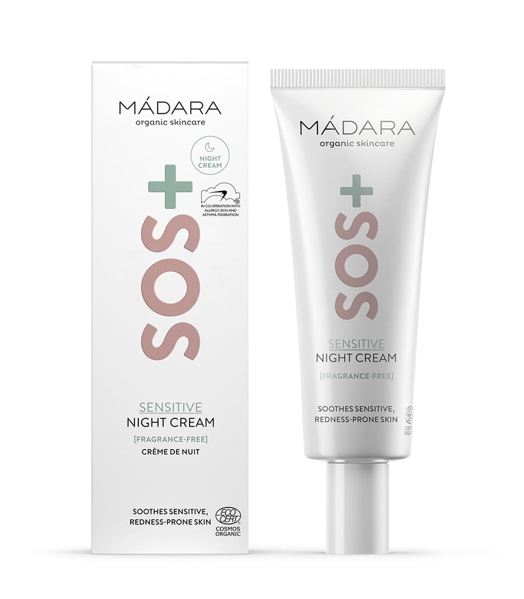 MÁDARA SOS+ SENSITIVE Crema de Noche, 70 ml – Hidratación calmante para pieles sensibles y propensas al enrojecimiento, dermatológicamente probada para calmar el enrojecimiento