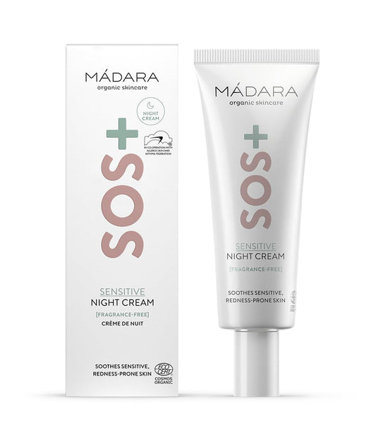 MÁDARA SOS+ SENSITIVE Crema de Noche, 70 ml – Hidratación calmante para pieles sensibles y propensas al enrojecimiento, dermatológicamente probada para calmar el enrojecimiento