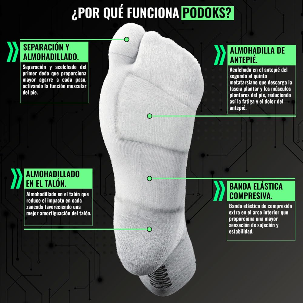 PODOKS - Calcetines hombre y mujer Confort - Calcetines blancos fascitis plantar - Calcetines de compresión para trabajo - Calcetines coolmax con almohadillado y separación del primer dedo