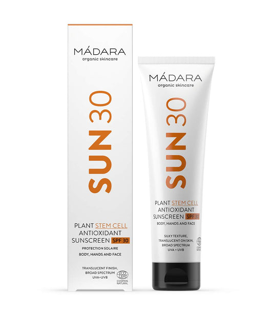 MÁDARA Cosméticos Orgánicos | Protector solar corporal antioxidante de células madre vegetales SPF30-100 ml, Protección UVA/UVA de amplio espectro, Con células madre de Northern Dragonhead