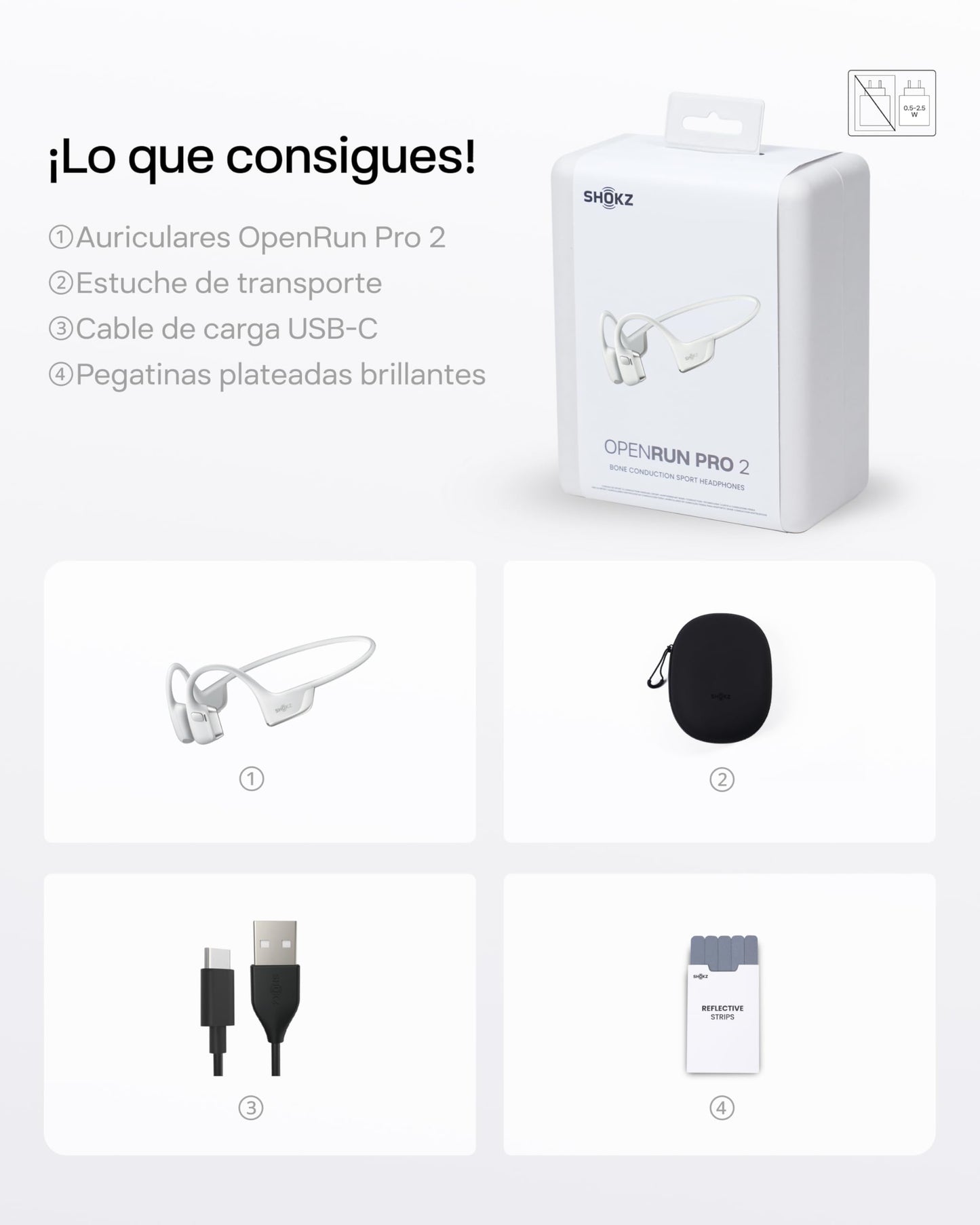 SHOKZ OpenRun Pro 2 Auriculares Deportivos de Conducción Ósea, Inalámbricos Bluetooth 5.3, Micrófonos con Cancelación de Ruido, Resistente al Agua IP55, 12h Reproducción, Carga Rápida USB-C, Plata