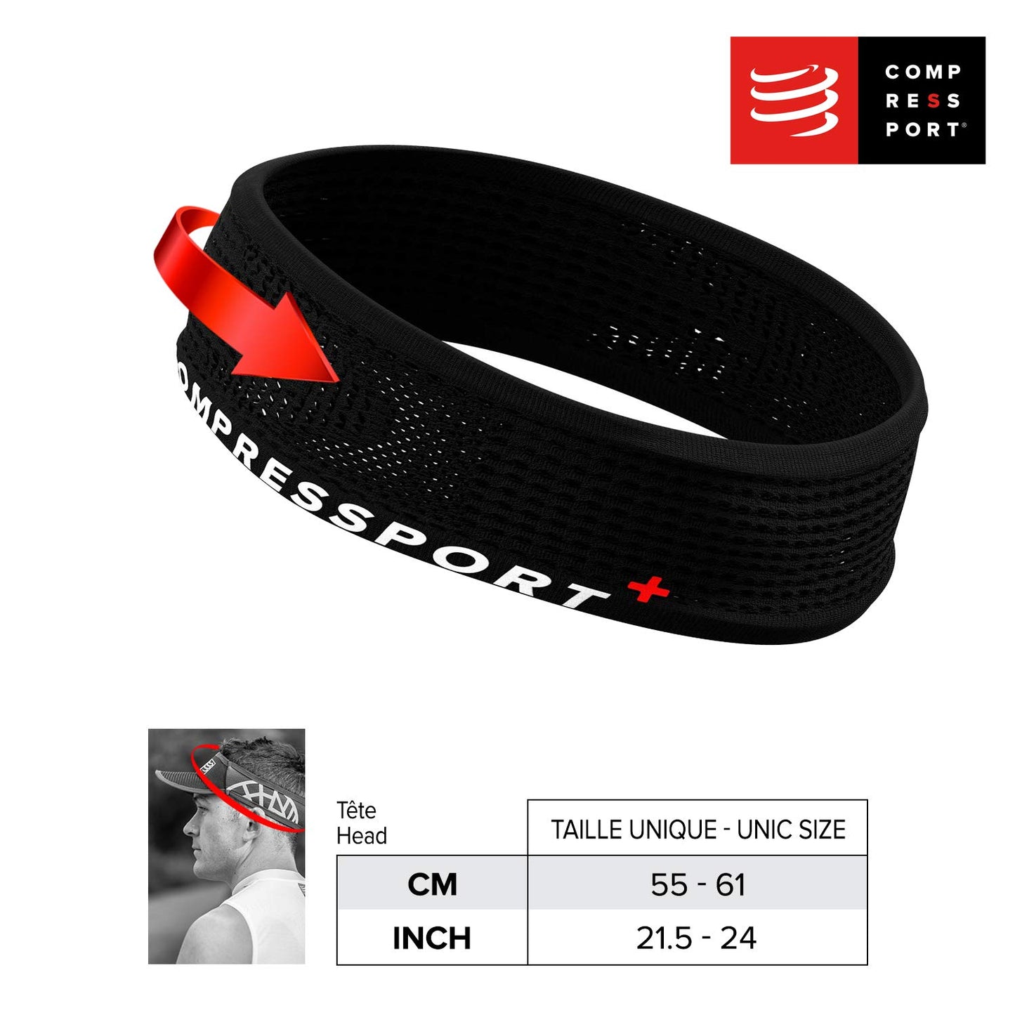 Compressport - Cinta de correr negra - Thin Headband On/Off - Cinta de cabeza fina antitranspiración - Fibras muy suaves de secado rápido - Máxima comodidad - Multisport