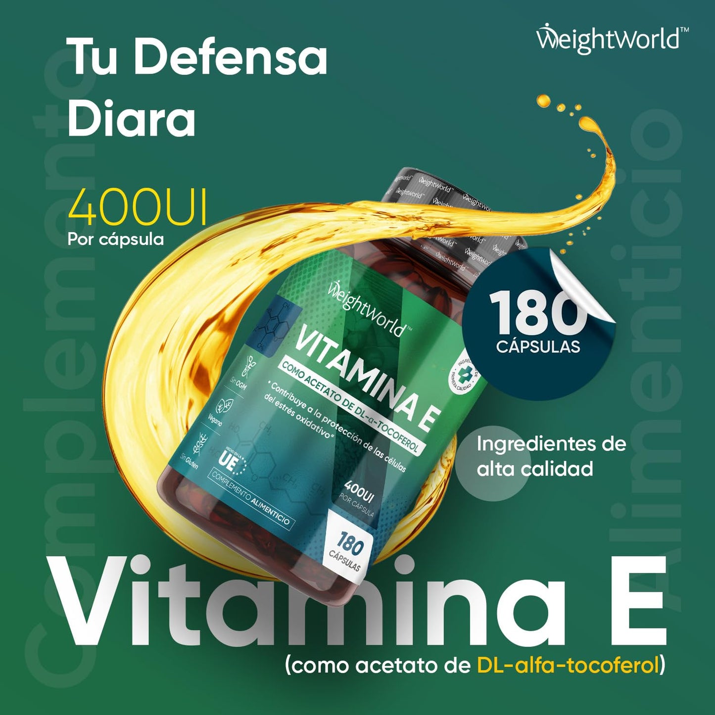 Vitamina E Natural 400UI, 180 Cápsulas Veganas (6 Meses) - Potente Antioxidante Natural de Acetato de DL-α-Tocoferol con Alta Absorción, Contribuye a Proteger las Células del Estrés Oxidativo, Sin OGM