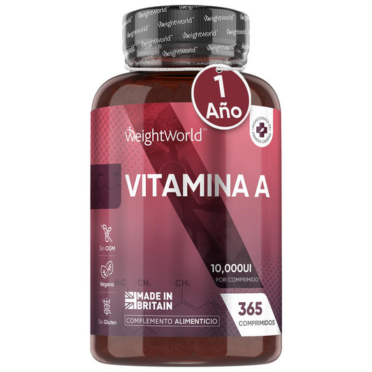 Vitamina A 10000 UI - 365 Comprimidos - Para la Vista, Sistema Inmunitario, Piel y Hierro - Acetato de Retinol Suplemento de Alta Potencia para 1 Año de Suministro, Vegano, Sin Lactosa y Sin OGM