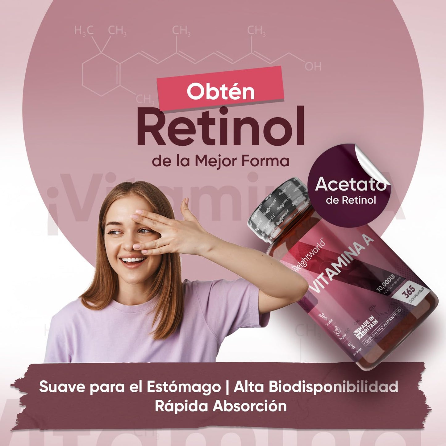 Vitamina A 10000 UI - 365 Comprimidos - Para la Vista, Sistema Inmunitario, Piel y Hierro - Acetato de Retinol Suplemento de Alta Potencia para 1 Año de Suministro, Vegano, Sin Lactosa y Sin OGM