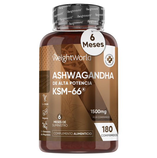 Ashwagandha KSM-66 1500mg de Concentración 180 Comprimidos Veganos - 10:1 del Extracto de la Raíz de Withania Somnifera o Ginseng Indio, Tradición Ayurvédica Encapsulada para 6 Meses de Suministro