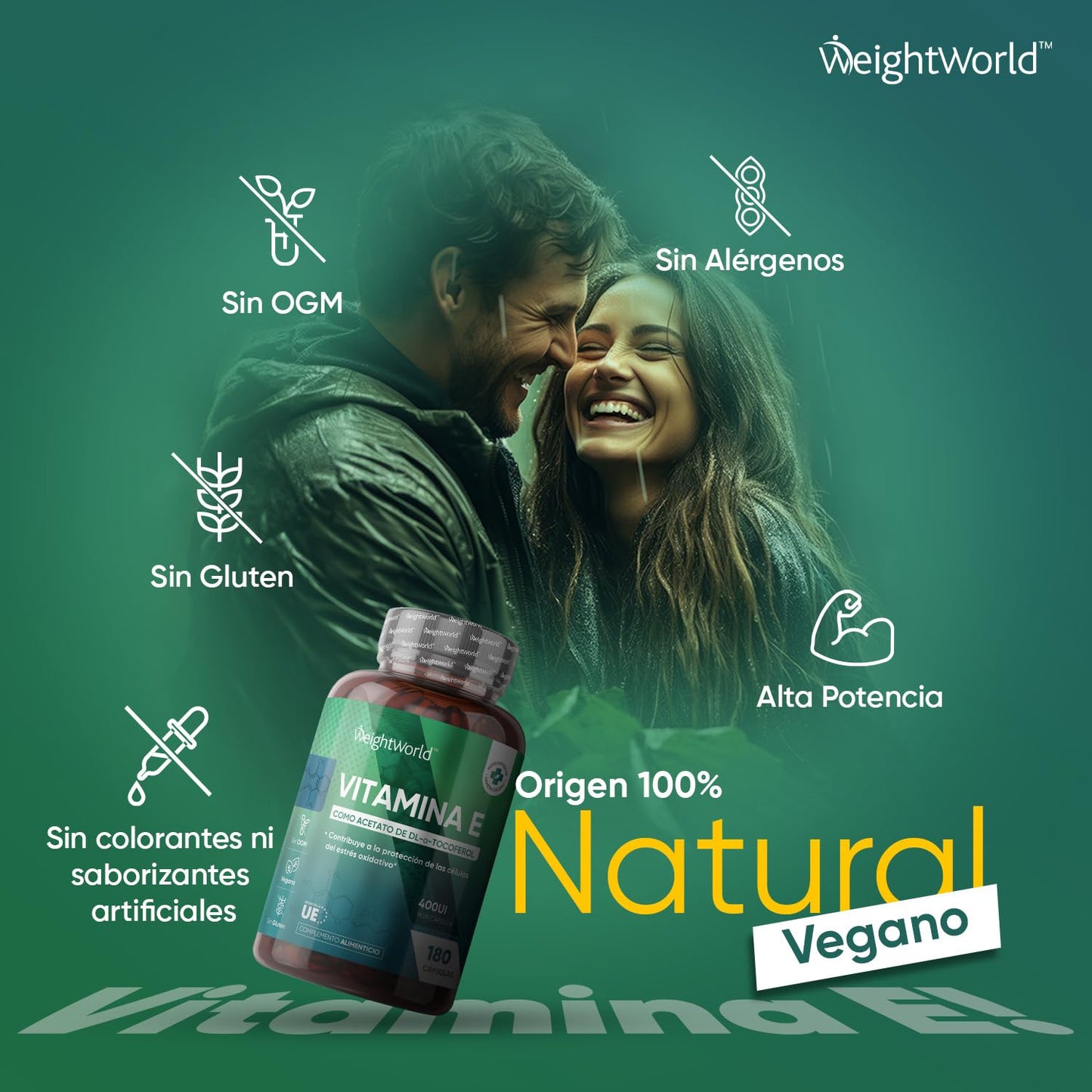 Vitamina E Natural 400UI, 180 Cápsulas Veganas (6 Meses) - Potente Antioxidante Natural de Acetato de DL-α-Tocoferol con Alta Absorción, Contribuye a Proteger las Células del Estrés Oxidativo, Sin OGM