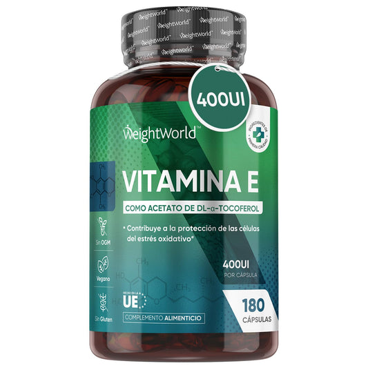 Vitamina E Natural 400UI, 180 Cápsulas Veganas (6 Meses) - Potente Antioxidante Natural de Acetato de DL-α-Tocoferol con Alta Absorción, Contribuye a Proteger las Células del Estrés Oxidativo, Sin OGM