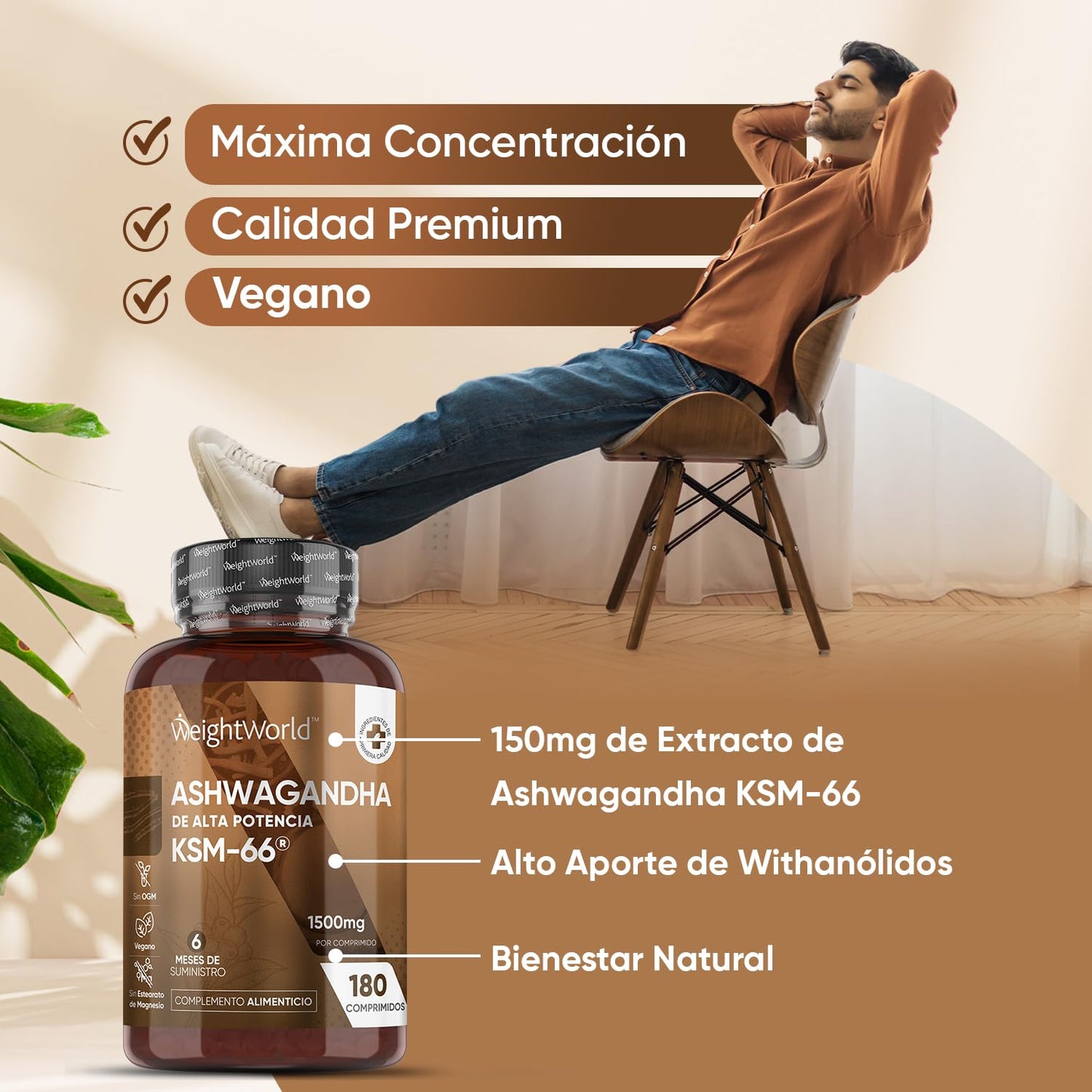 Ashwagandha KSM-66 1500mg de Concentración 180 Comprimidos Veganos - 10:1 del Extracto de la Raíz de Withania Somnifera o Ginseng Indio, Tradición Ayurvédica Encapsulada para 6 Meses de Suministro