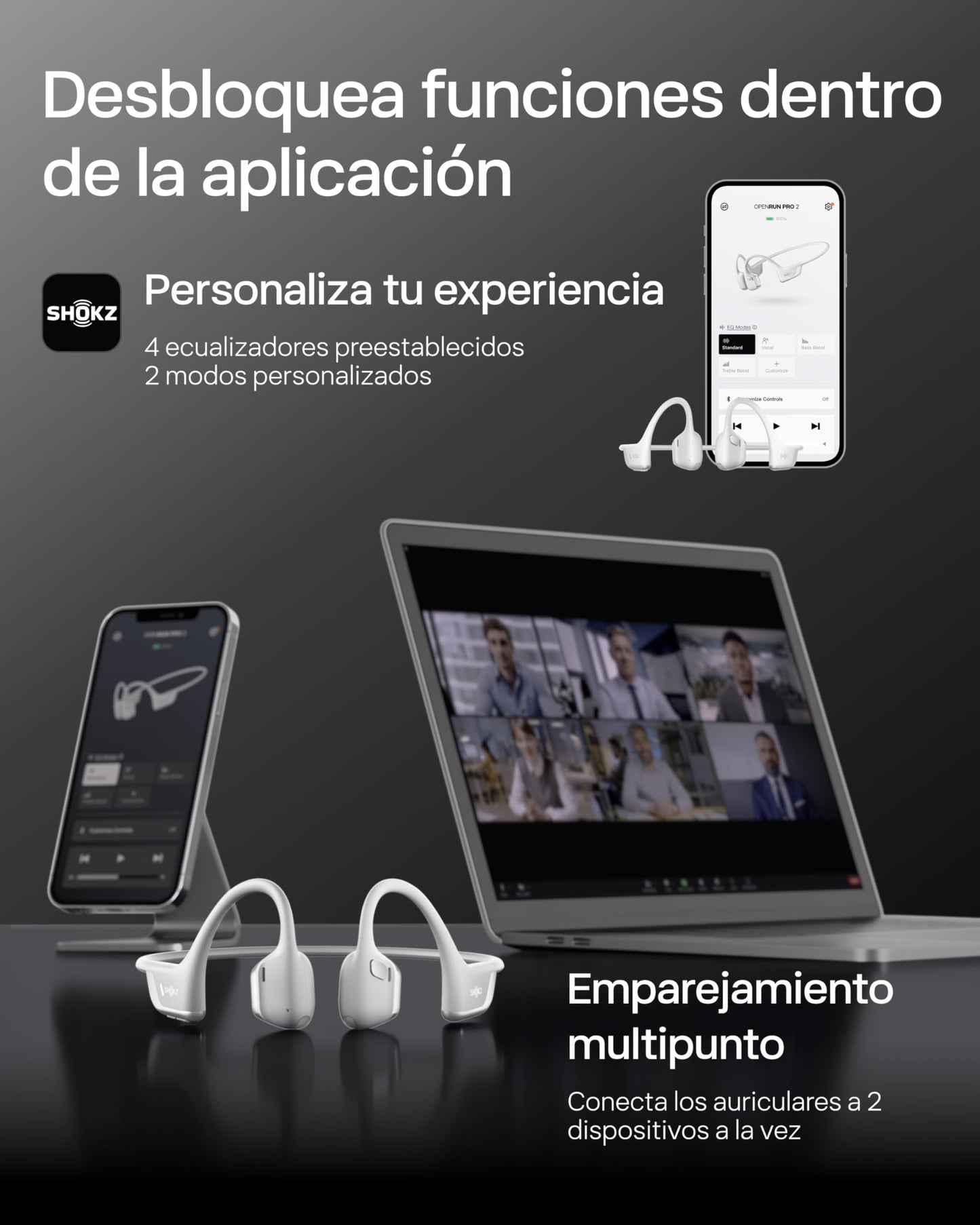 SHOKZ OpenRun Pro 2 Auriculares Deportivos de Conducción Ósea, Inalámbricos Bluetooth 5.3, Micrófonos con Cancelación de Ruido, Resistente al Agua IP55, 12h Reproducción, Carga Rápida USB-C, Plata