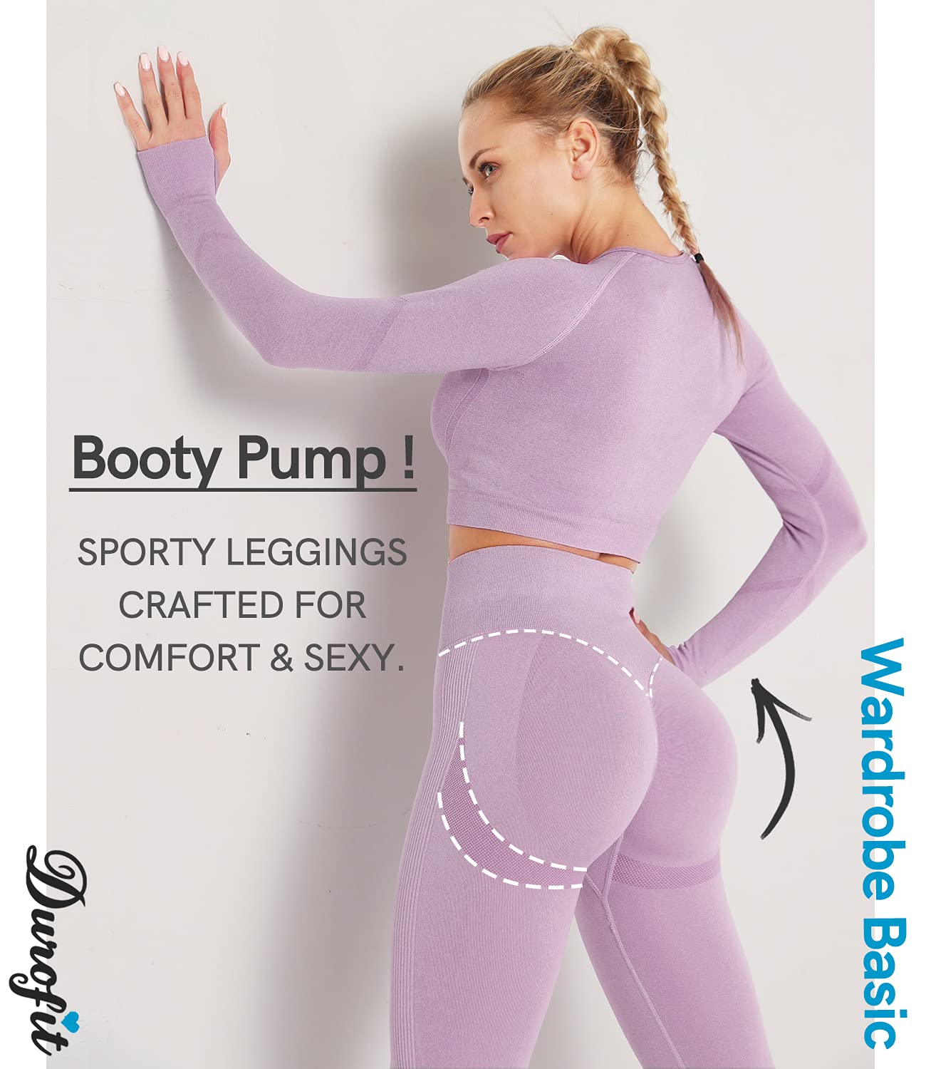 DUROFIT Mallas Push Up Mujer Leggings Deportivas Pantalones Deportivos Fitness Leggins Polainas de Yoga Training Fitness Cintura Alta Estiramiento Elásticos Morado Claro L