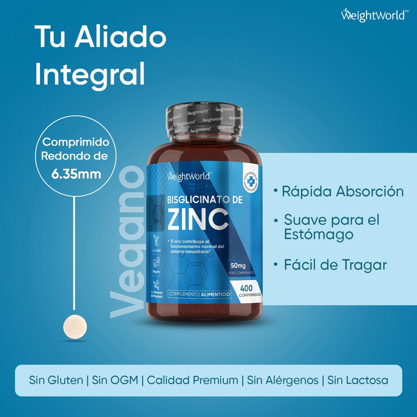 Bisglicinato de Zinc - 400 Comprimidos | Para el Pelo, Piel, Uñas y Reforzar Sistema Inmunológico | Antioxidante Quelado para Hombre y Mujer | +1 Año de Suministro, Vegano, Sin Gluten y Keto