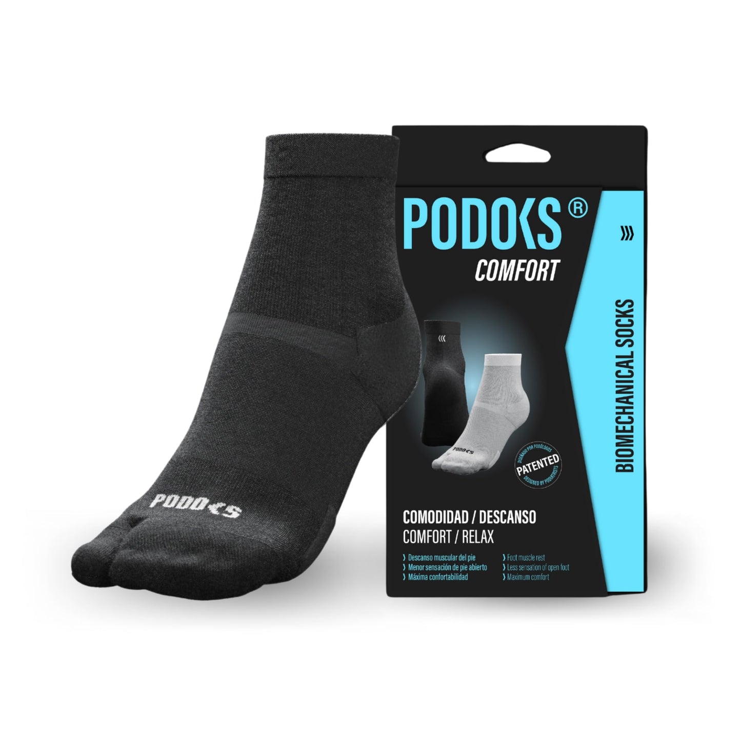 PODOKS - Calcetines hombre y mujer Confort - Calcetines negros fascitis plantar - Calcetines de compresión para trabajo - Calcetines coolmax con almohadillado y separación del primer dedo