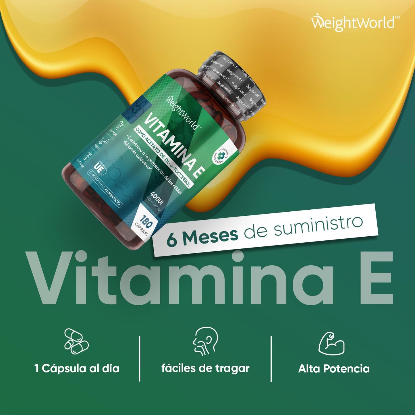 Vitamina E Natural 400UI, 180 Cápsulas Veganas (6 Meses) - Potente Antioxidante Natural de Acetato de DL-α-Tocoferol con Alta Absorción, Contribuye a Proteger las Células del Estrés Oxidativo, Sin OGM