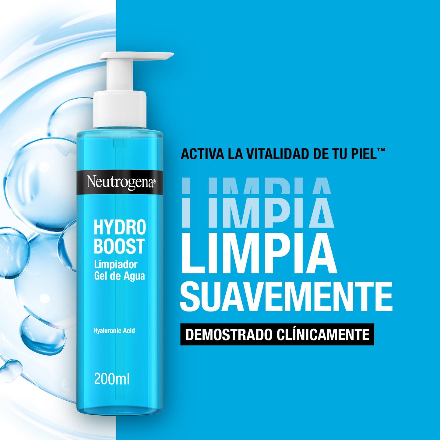 Neutrogena Hydro Boost Limpiador Gel de Agua (1 x 200 ml), gel limpiador facial para eliminar el maquillaje y la suciedad, jabón hidratante adecuado para todo tipo de pieles