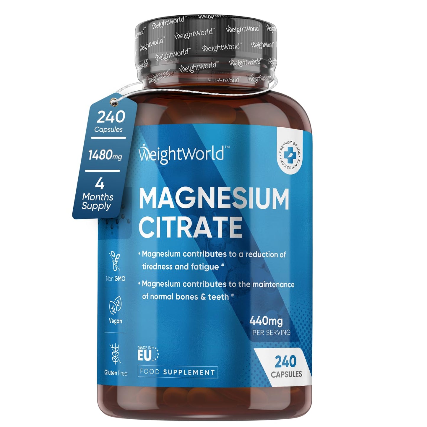 Citrato de Magnesio 1480mg, 240 Cápsulas Veganas - 440mg de Magnesio Puro de Alta Biodisponibilidad, 4 Meses de Suministro, Reduce Cansancio y Fatiga, Equilibra los Electrolitos, Suplemento Deportivo.