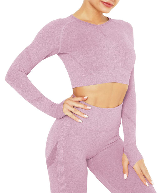 DUROFIT Yoga Gym Crop Tops Mujer con Orificio para el Pulgar Camisa Top de Manga Larga sin Costuras para Entrenamiento Correr Fitness Morado Claro S