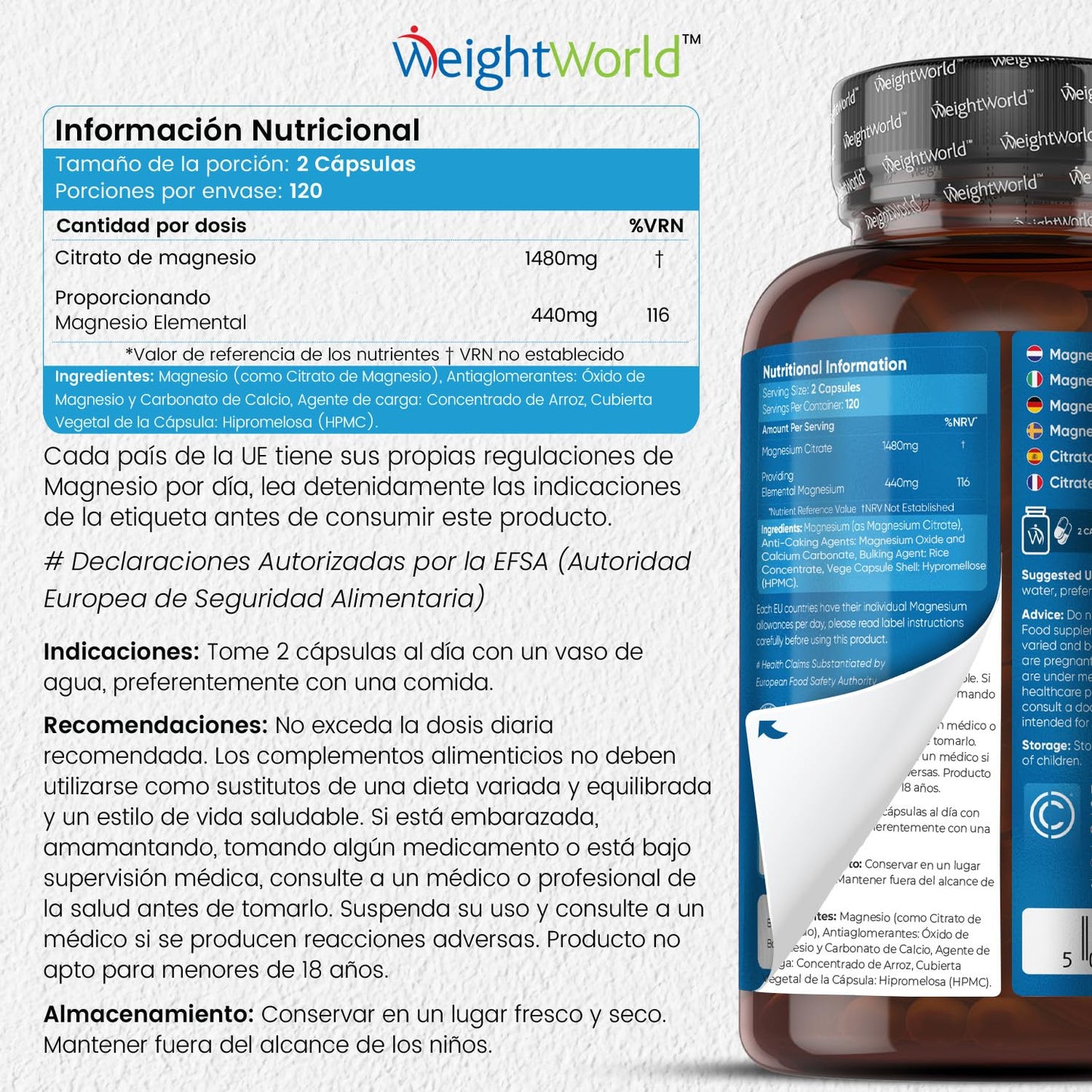 Citrato de Magnesio 1480mg, 240 Cápsulas Veganas - 440mg de Magnesio Puro de Alta Biodisponibilidad, 4 Meses de Suministro, Reduce Cansancio y Fatiga, Equilibra los Electrolitos, Suplemento Deportivo.