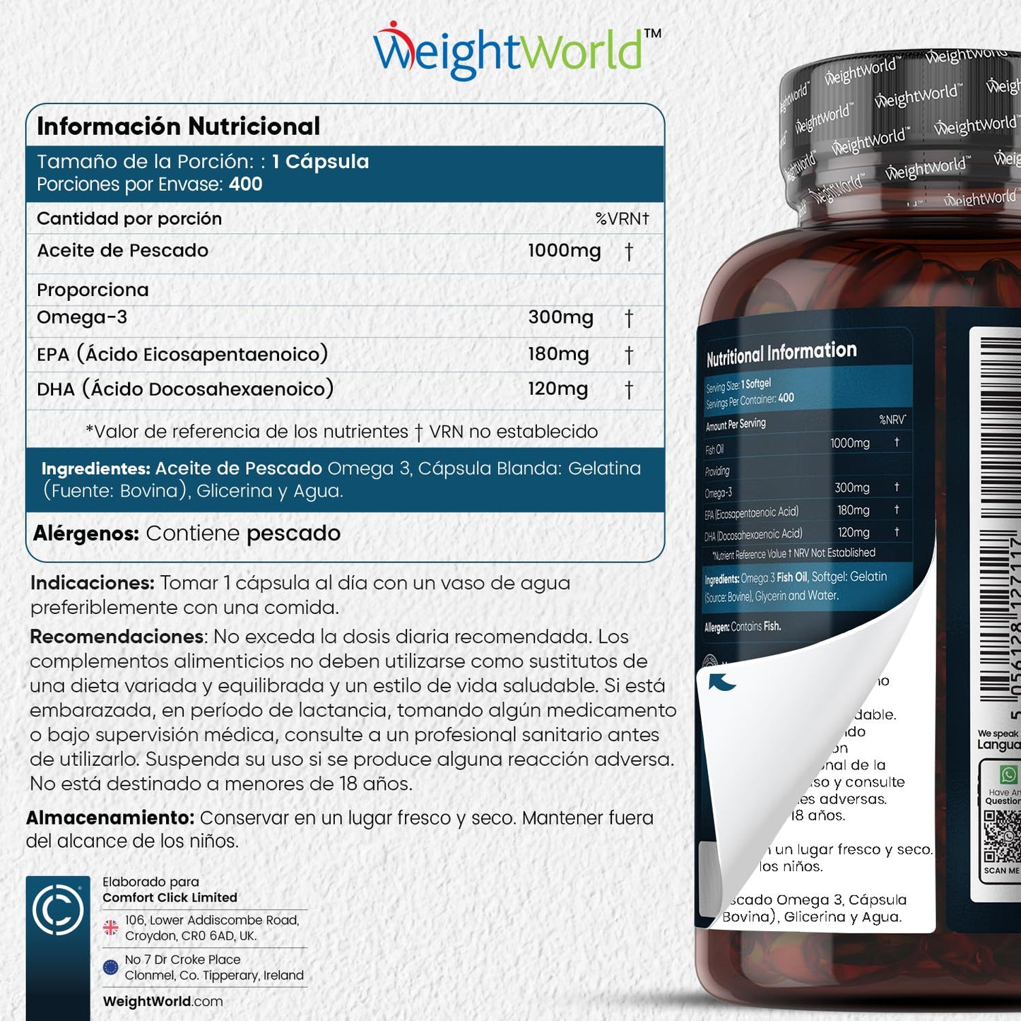 Omega-3 DHA y EPA 1000mg de Concentración 400 Cápsulas Blandas para Más de 1 Año - Ácidos Grasos en Perlas de Aceite de Pescado de Alta Potencia, Contribuye al Funcionamiento Normal del Corazón