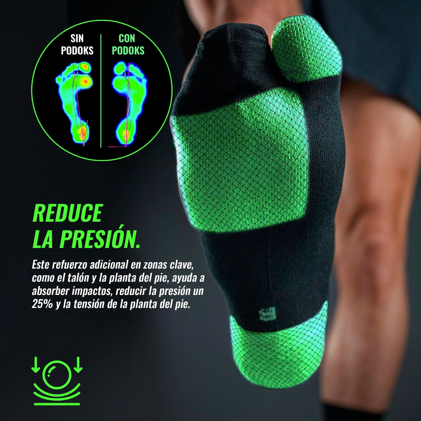 PODOKS - Calcetines hombre y mujer Confort - Calcetines negros fascitis plantar - Calcetines de compresión para trabajo - Calcetines coolmax con almohadillado y separación del primer dedo