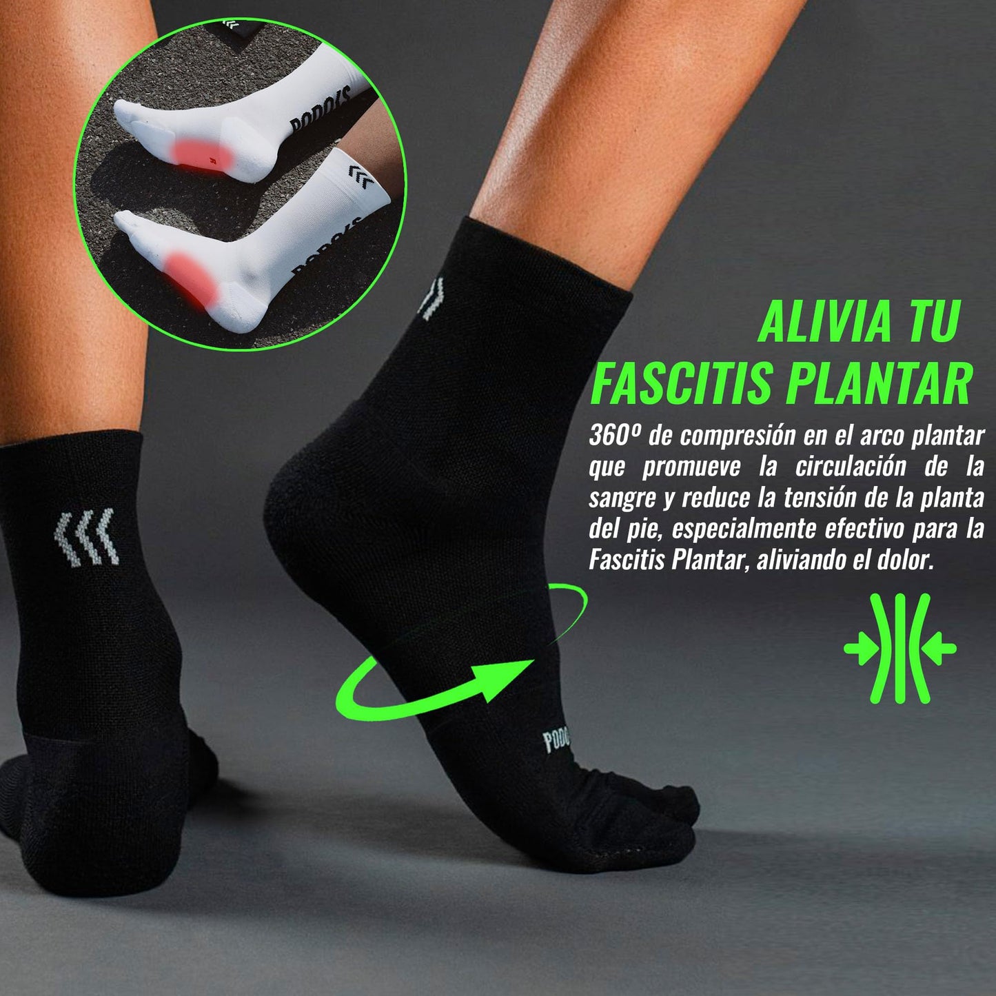 PODOKS - Calcetines hombre y mujer Confort - Calcetines negros fascitis plantar - Calcetines de compresión para trabajo - Calcetines coolmax con almohadillado y separación del primer dedo