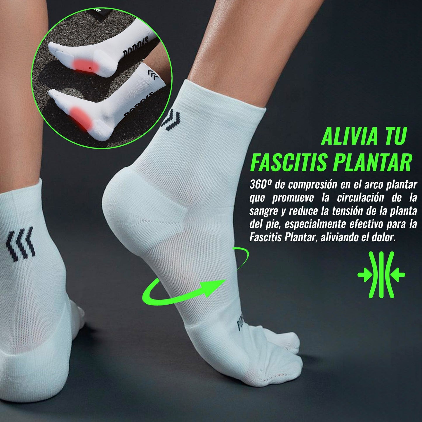 PODOKS - Calcetines hombre y mujer Confort - Calcetines blancos fascitis plantar - Calcetines de compresión para trabajo - Calcetines coolmax con almohadillado y separación del primer dedo