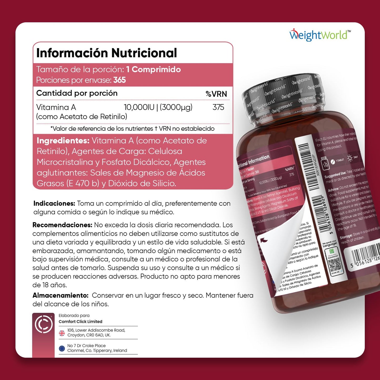 Vitamina A 10000 UI - 365 Comprimidos - Para la Vista, Sistema Inmunitario, Piel y Hierro - Acetato de Retinol Suplemento de Alta Potencia para 1 Año de Suministro, Vegano, Sin Lactosa y Sin OGM