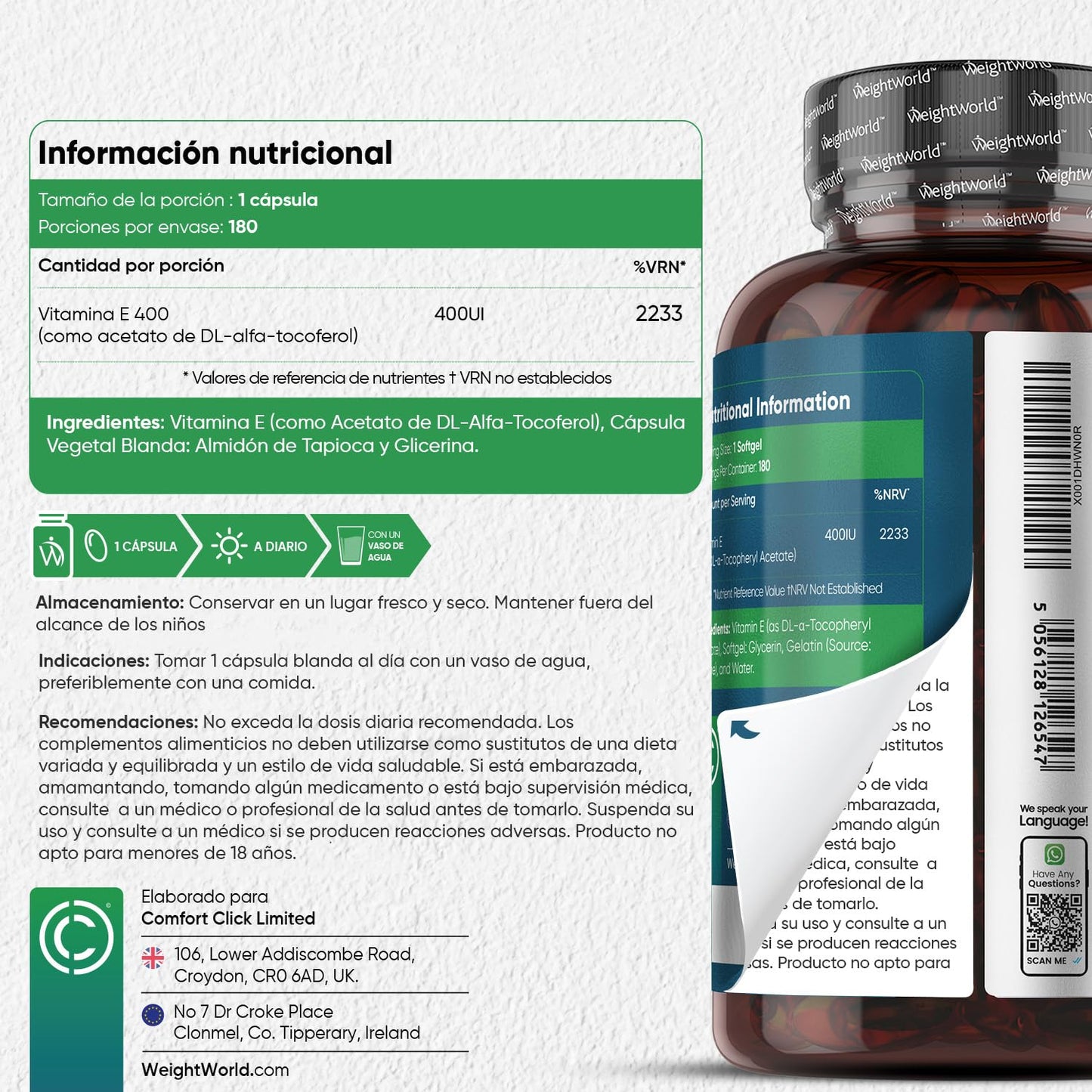 Vitamina E Natural 400UI, 180 Cápsulas Veganas (6 Meses) - Potente Antioxidante Natural de Acetato de DL-α-Tocoferol con Alta Absorción, Contribuye a Proteger las Células del Estrés Oxidativo, Sin OGM