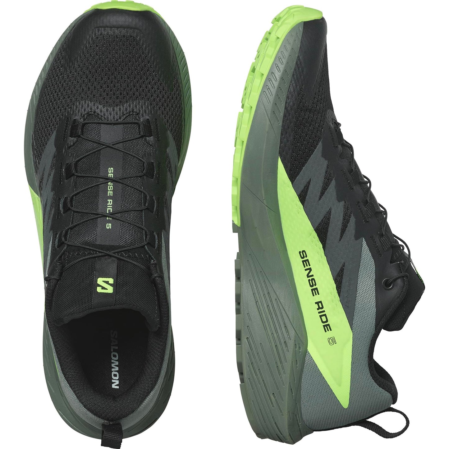 SALOMON Sense Ride, Zapatillas de Trail Running Hombre, Sense Ride 5 Black/Laurel Wreath/Green Gecko, 43 1/3 EU