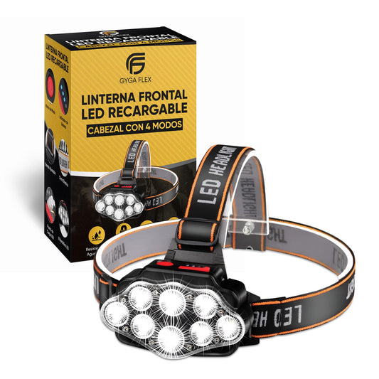 GygaFlex © Linterna Frontal LED Recargable |Alta Potencia Con 4 Modos | Frontal Trail Running | Alcance 100 Metros Impermeable IPX20 | Para Casco Bicicleta Cabeza Trabajo Pesca Camping y Caza