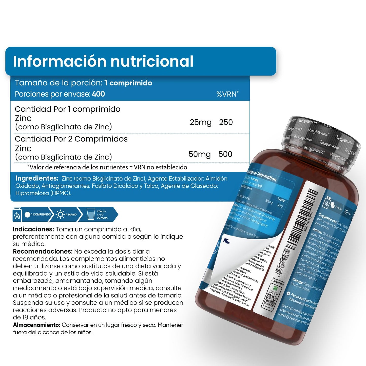 Bisglicinato de Zinc - 400 Comprimidos | Para el Pelo, Piel, Uñas y Reforzar Sistema Inmunológico | Antioxidante Quelado para Hombre y Mujer | +1 Año de Suministro, Vegano, Sin Gluten y Keto