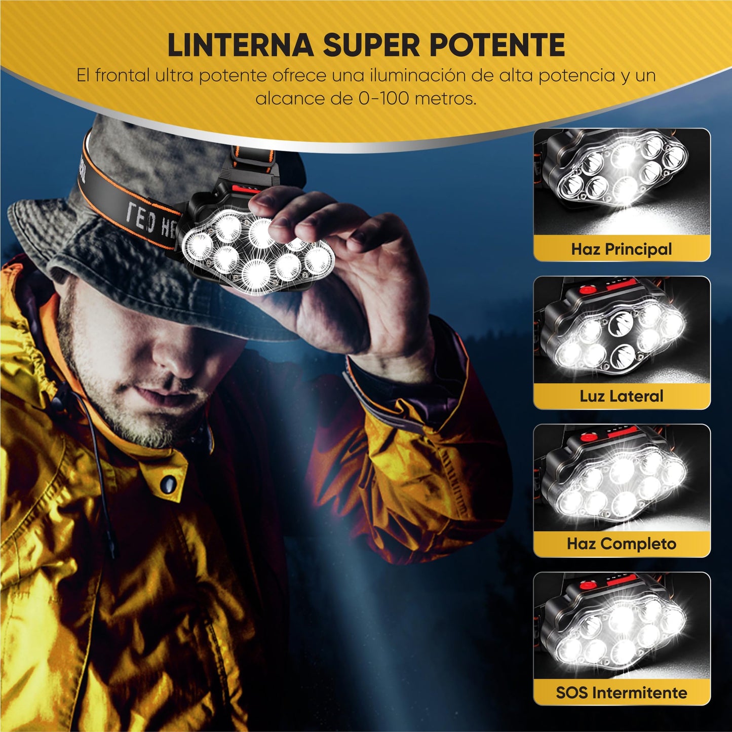 GygaFlex © Linterna Frontal LED Recargable |Alta Potencia Con 4 Modos | Frontal Trail Running | Alcance 100 Metros Impermeable IPX20 | Para Casco Bicicleta Cabeza Trabajo Pesca Camping y Caza