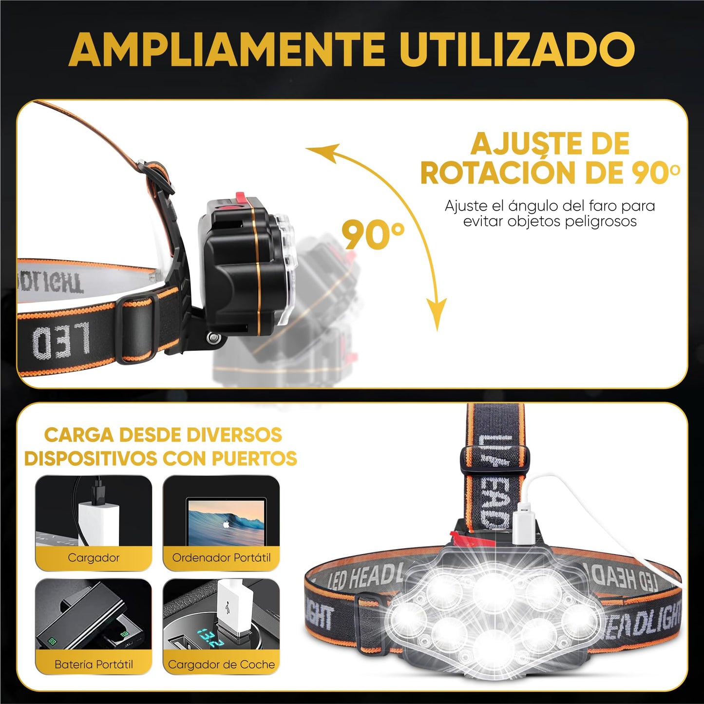 GygaFlex © Linterna Frontal LED Recargable |Alta Potencia Con 4 Modos | Frontal Trail Running | Alcance 100 Metros Impermeable IPX20 | Para Casco Bicicleta Cabeza Trabajo Pesca Camping y Caza