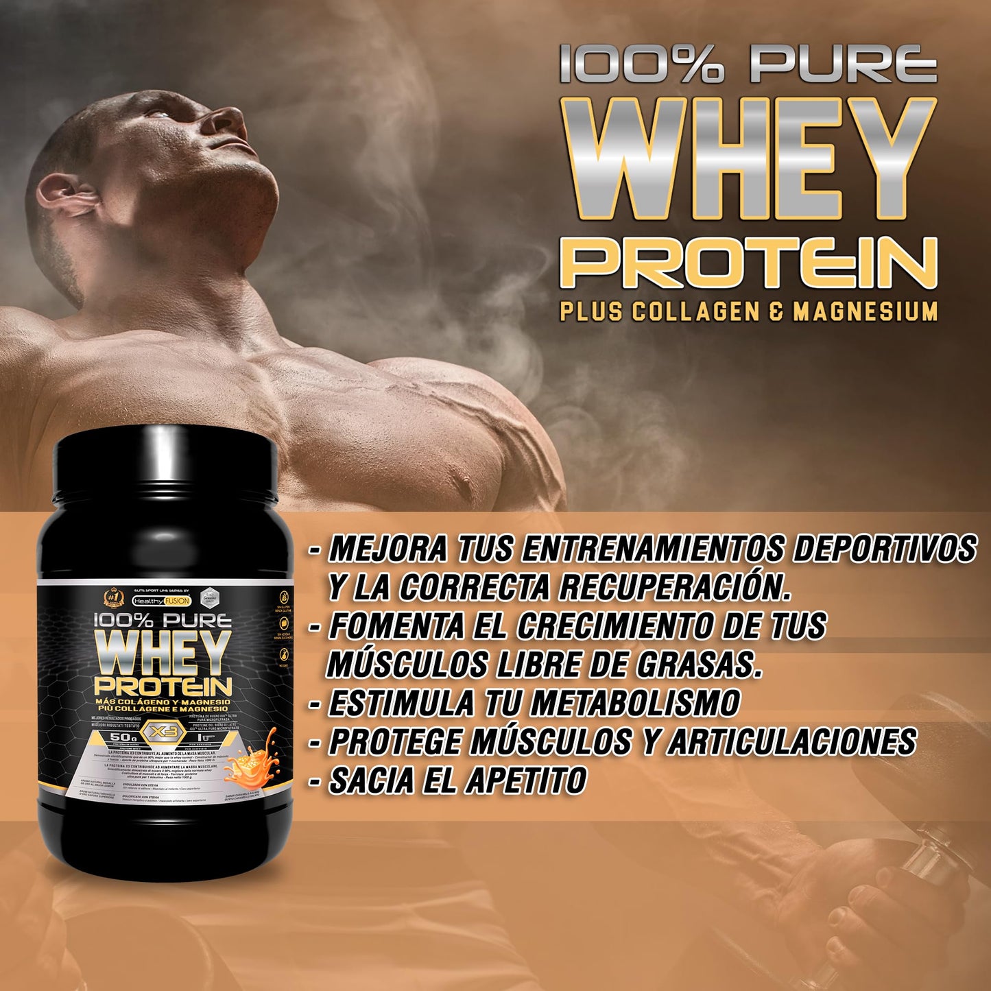 Healthy Fusion Whey Protein | Proteína Whey pura con Colágeno + Magnesio | Mejora tus entrenamientos | Protege y aumenta la masa muscular | 1000g de proteína